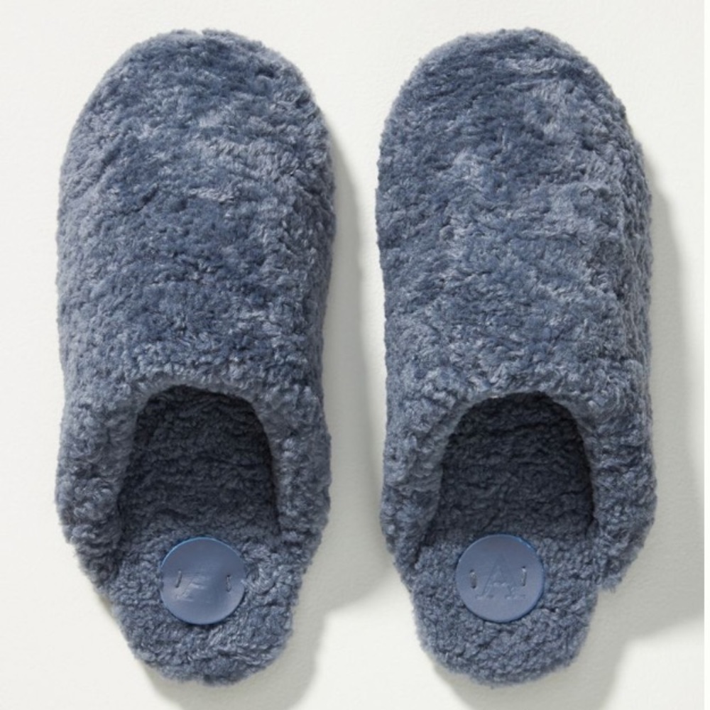 Anthropologie Plush Faux Fur Slippers, Size L, blue